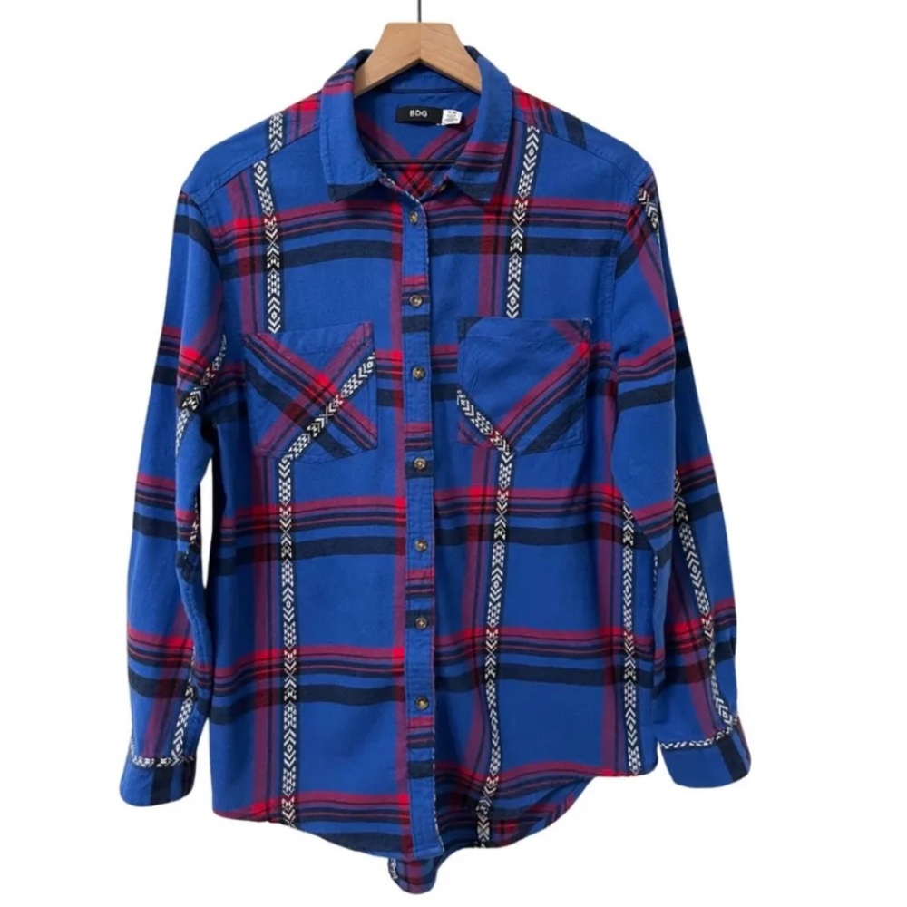 BDG Flannel Plaid Embroidered Button Down XS